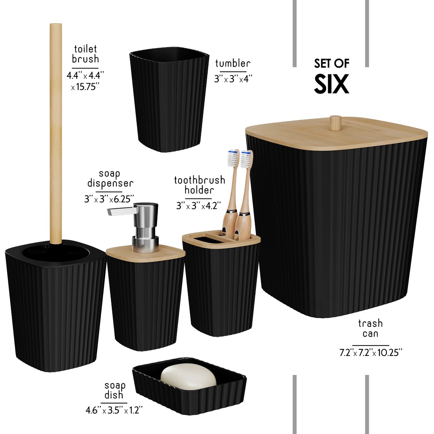 Clara Clark Bathroom Set - Black Bathroom Accessories Set, 6PC Bathroom Accessory Set, Bathroom Sets with Toilet Brush, Trash Can & Soap Dispenser