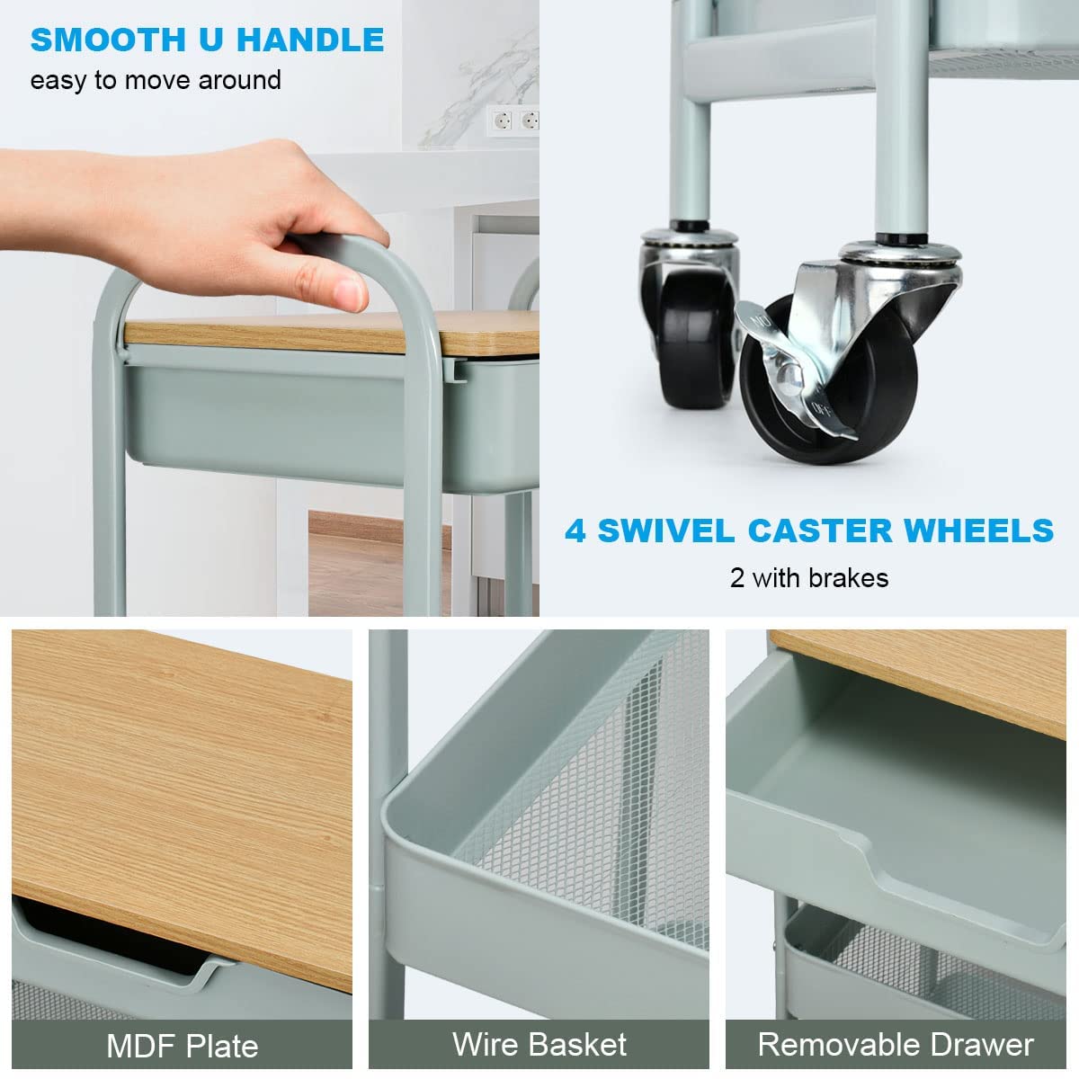 Shrivee 3-Tier Kitchen Trolley with Table and Drawer, All-Purpose Metal Shelf for Office, Salon, Cosmetics, Serving Cart for Kitchen, Bathroom