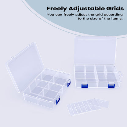 ECBEITF 3 Pcs 8 Grids Clear Plastic Storage Box with Adjustable Dividers, Double Buckle Transparent Stackable 8 Compartments Organiser Box Container