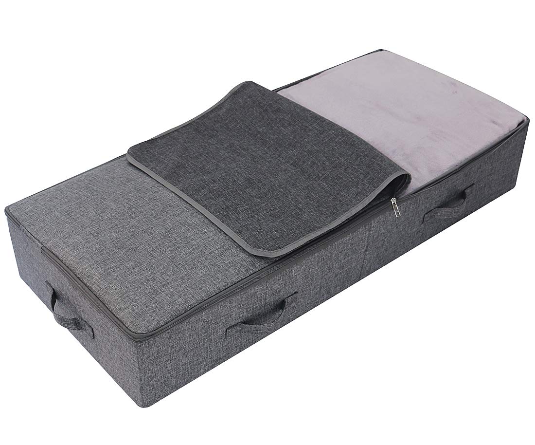 Amonsen 2 Pack Large Foldable Under Bed Storage Container for Duvets, Blankets, Clothes, Shoes, Hard Plastic Boards Inside, Washable, Black and Grey