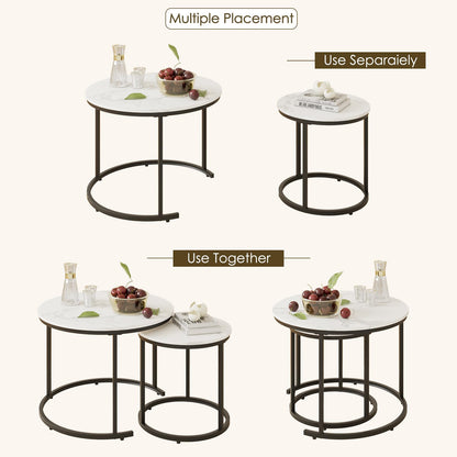 HEYZOEY Round Coffee Tables, Removable Set of 2 End Table, Nesting Tables with Black Metal Frame Legs and Marble White Top for Living Room, Bedroom