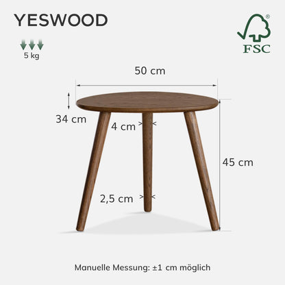 YESWOOD Round Side Table, Coffee Table with Solid Wood Legs, Sofa Table in Pebble Shape, Modern Side Table for Living Room, Balcony, Walnut