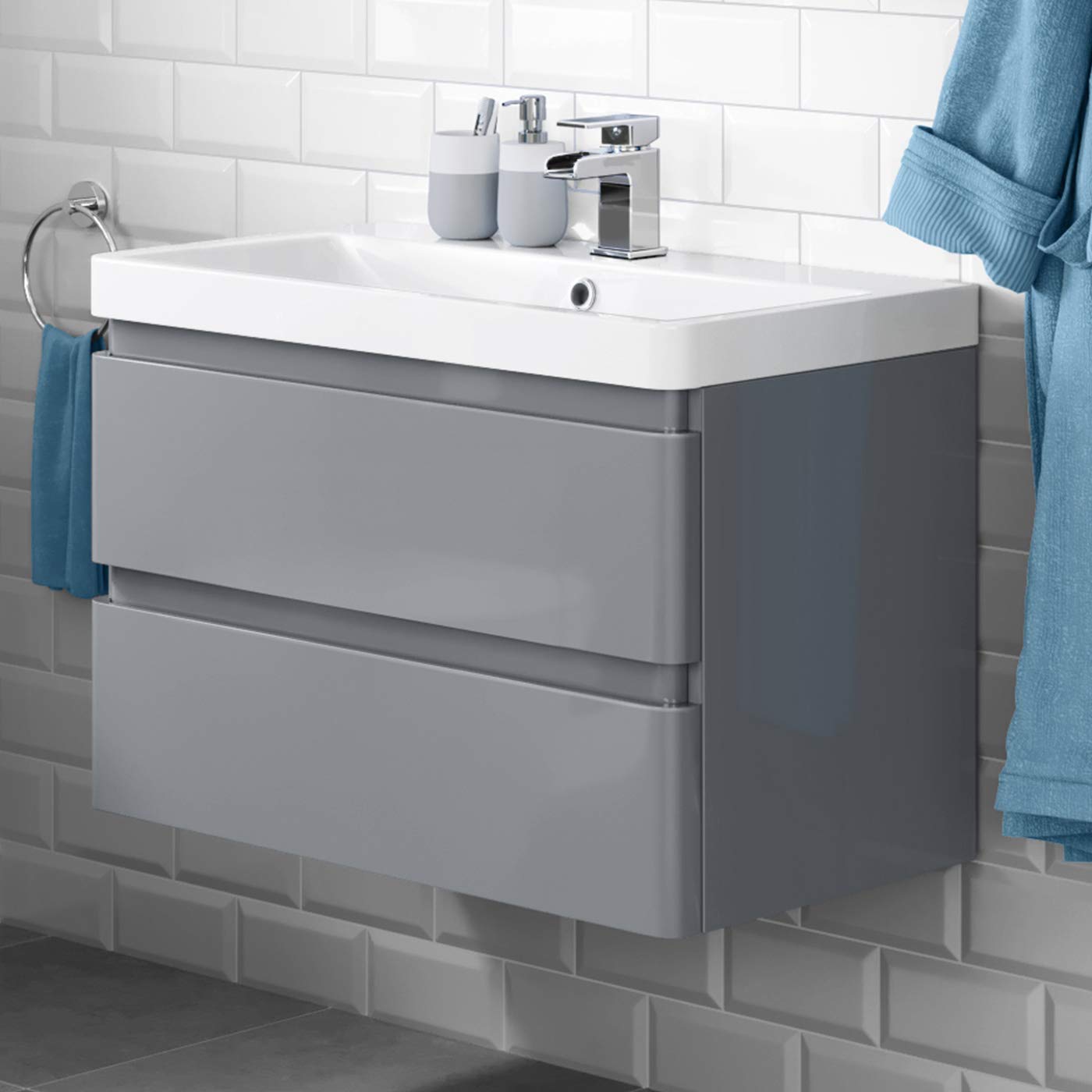 iBathUK Modern Grey Gloss Wall Hung Sink Drawer Unit 800mm (FlatPack)