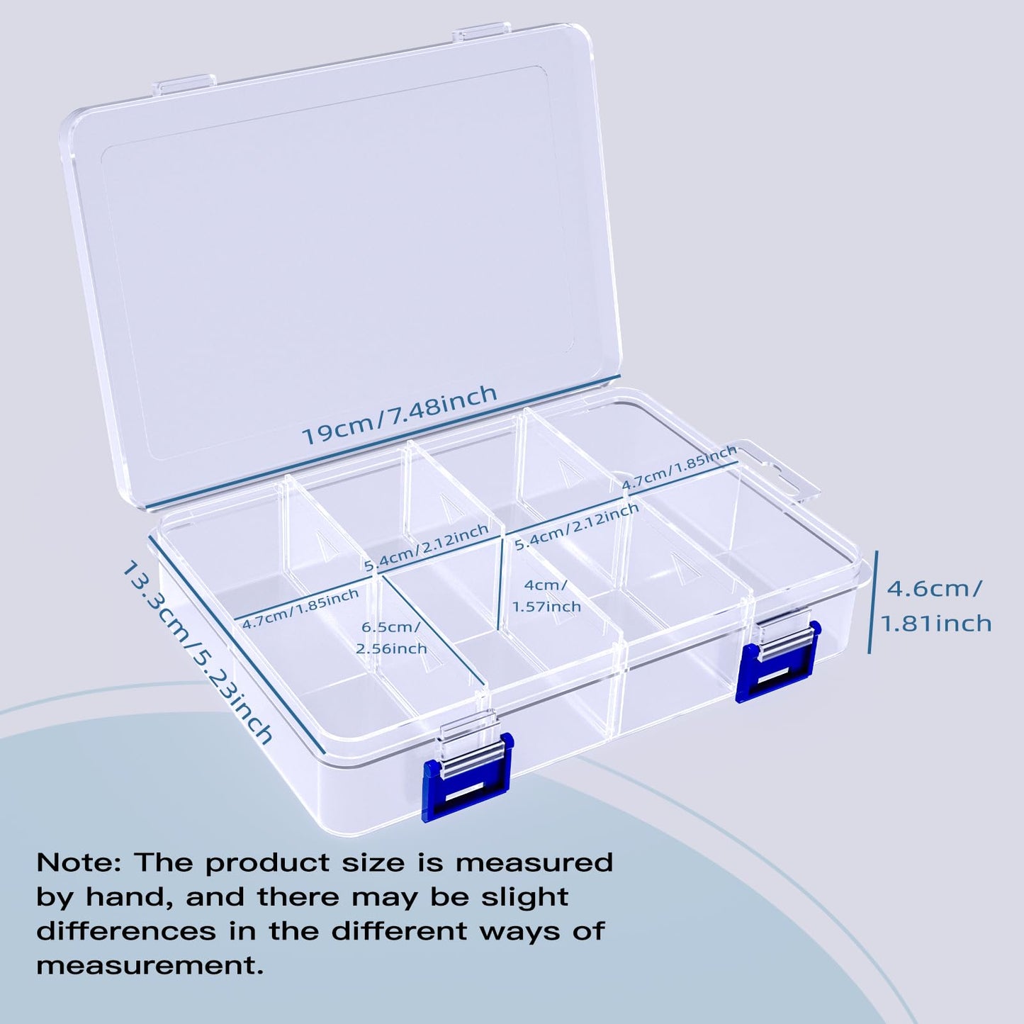 ECBEITF 3 Pcs 8 Grids Clear Plastic Storage Box with Adjustable Dividers, Double Buckle Transparent Stackable 8 Compartments Organiser Box Container