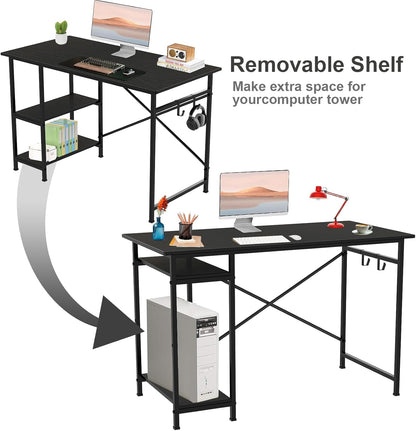 YOBWOK Computer Desk,Desk with 2 Reversible Shelves, Computer Table for Workstations, Gaming Desk, for Home Office, Living Room, Steel Frame,2 Hooks