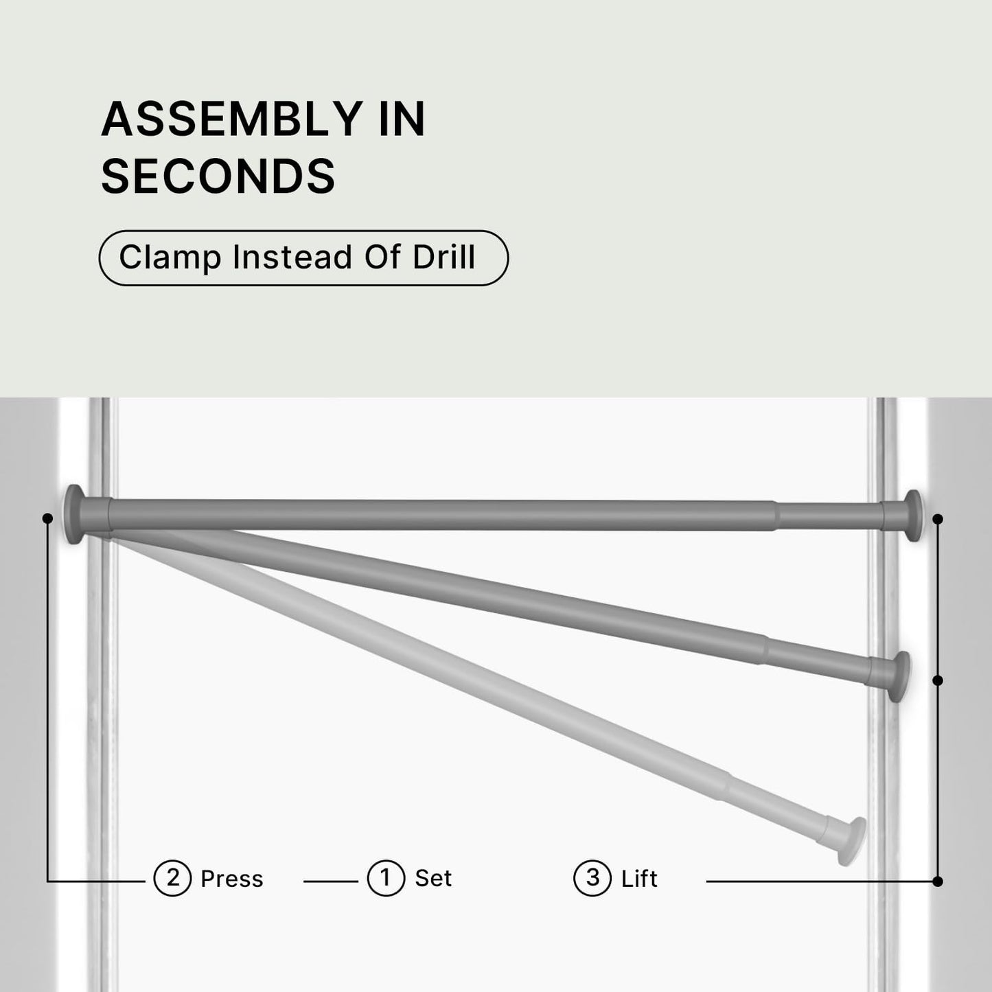 MEISENBERG Shower Curtain Pole Gray, Extendable Curtain Poles 90-160 cm - Ø 25 mm Diameter, Shower Rail Extendable No Drill - for Bathroom