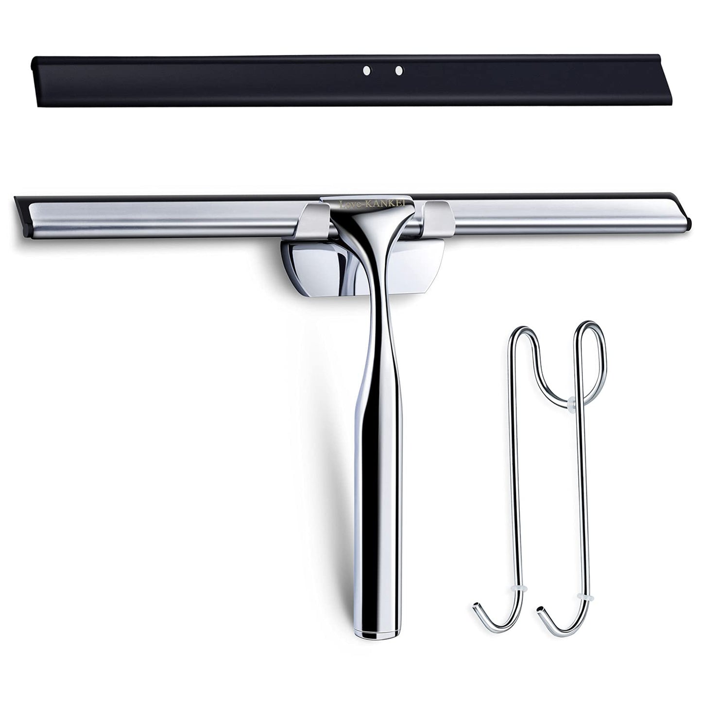Love-KANKEI Shower Squeegee Stainless Steel Shower Wiper Shower Scraper with Replacement Rubber Blade and Hanging Hooks for Bathroom, Window, Car