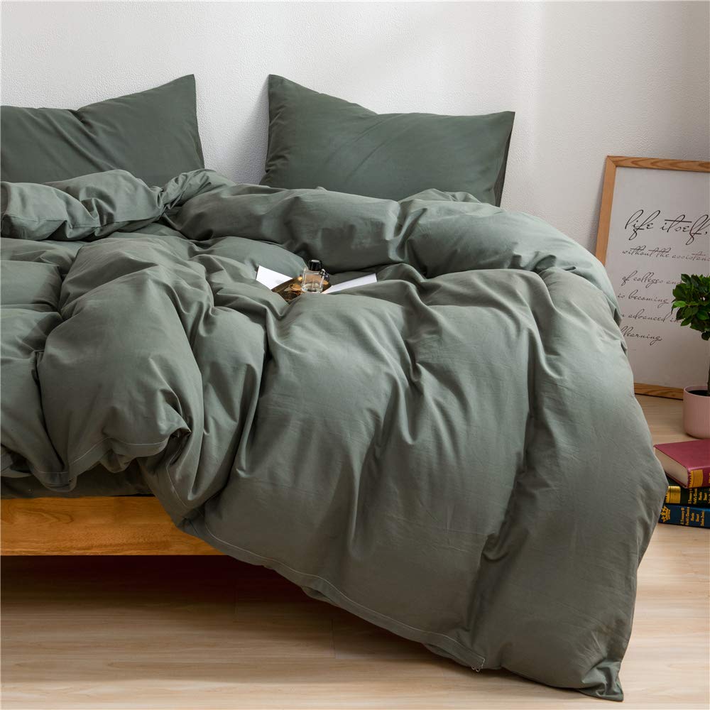 Ruccit Sage Green Duvet Cover Set King Size Bed 100% Washed Cotton King Duvet Cover Adults Teens 3pcs Simple Plain Farmhouse Bedding Set Zipper
