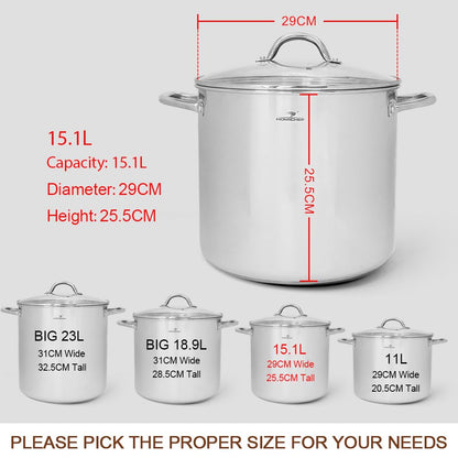 HOMICHEF Large Nickel Free Stainless Steel Stock Pot with Lid (29 cm, 15 Litre) - Mirror Polished Stock Pot 15L with Lid - Heavy Soup Pot Large