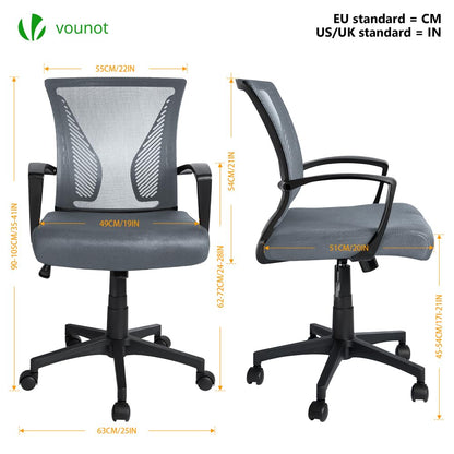 VOUNOT® Ergonomic Office Desk Computer Chair, Executive Swivel Chair with Armrest & Back Support for Home Office, Grey
