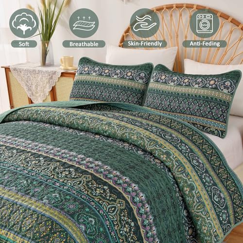 WONGS BEDDING Bohemian Bedspread Double Boho Striped Pattern Printed Quilted Bedspread Coverlet for All Season,Soft Microfiber Quilt Double Size