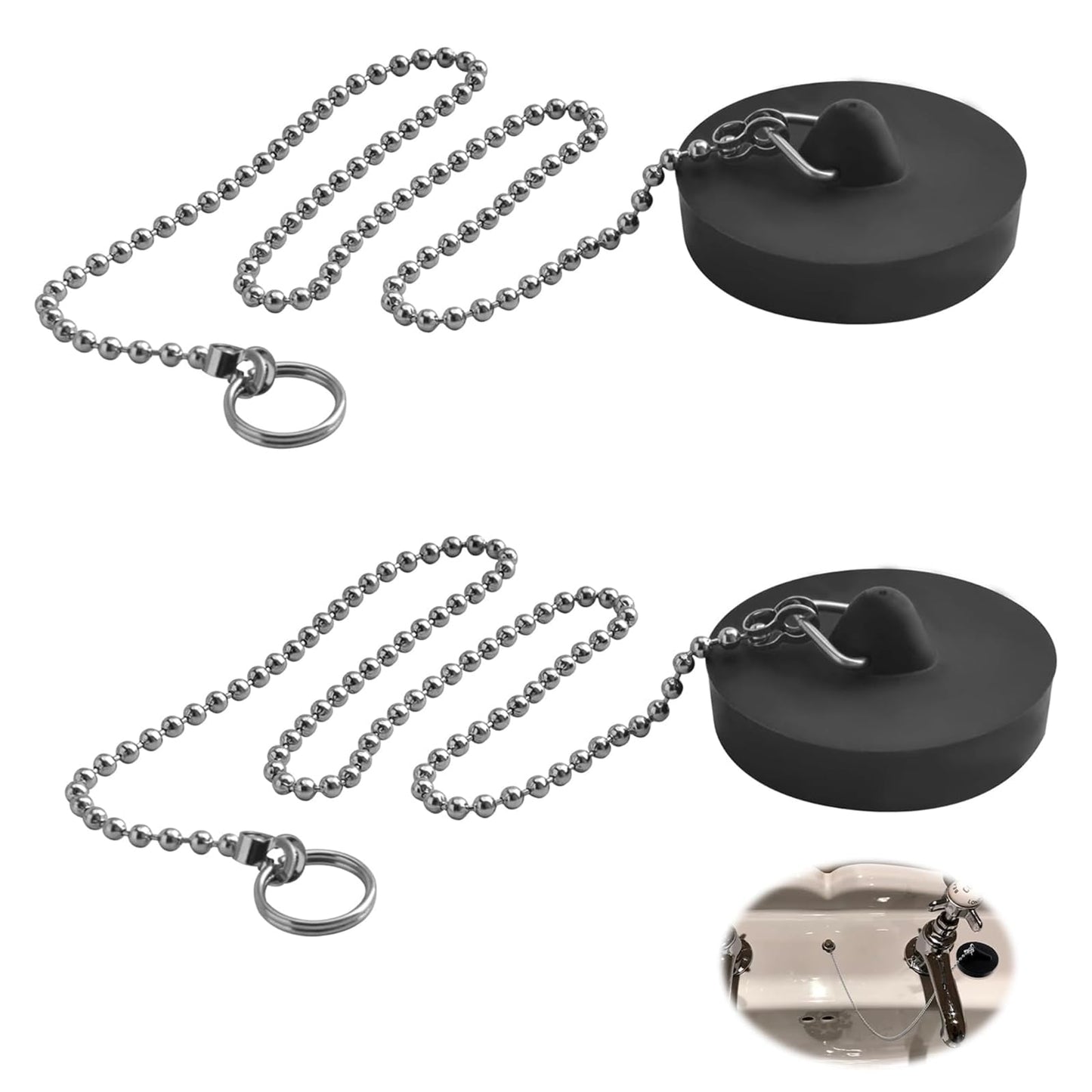 Funngy Drain Stopper Sink Plug,2 PCS Universal Sink Plug with Stainless Steel Chain and Hook Rubber Drain Stopper for Kitchen Sink Bathroom Sink Plug