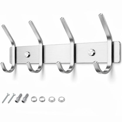 TINIFO Coat Hooks Wall Mounted - Stainless Steel Coat Rack 4 Hook, Silver