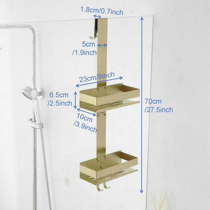 Hanging Over Door Shower Caddy - No Drilling Organiser Stainless Steel Shelves With Hooks - Gold Bathroom Rack Basket Tidy Storage