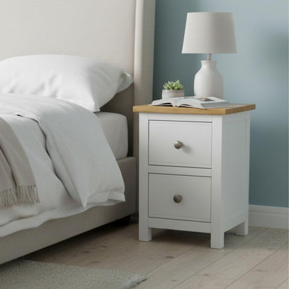 GROF GROFurniture Bedside Table 2 Drawers, Solid Wooden Side End Bedside Cabinet with Oak Top, Narrow Bedside
