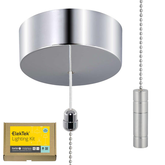 ElekTek UK Safety Approved Chrome Bathroom Light Pull Switch Kit + Chrome Cylinder Fob Handle & Extension Chain, EN 60669-1 & CE Mark, Earth Terminal,