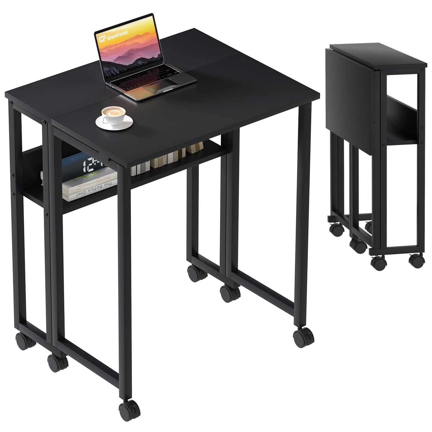 GreenForest Small Folding Desk with Storage Shelf,63 cm Computer Rolling Desk on Wheels Easy Assembly,Foldable desk for Small Space,Black