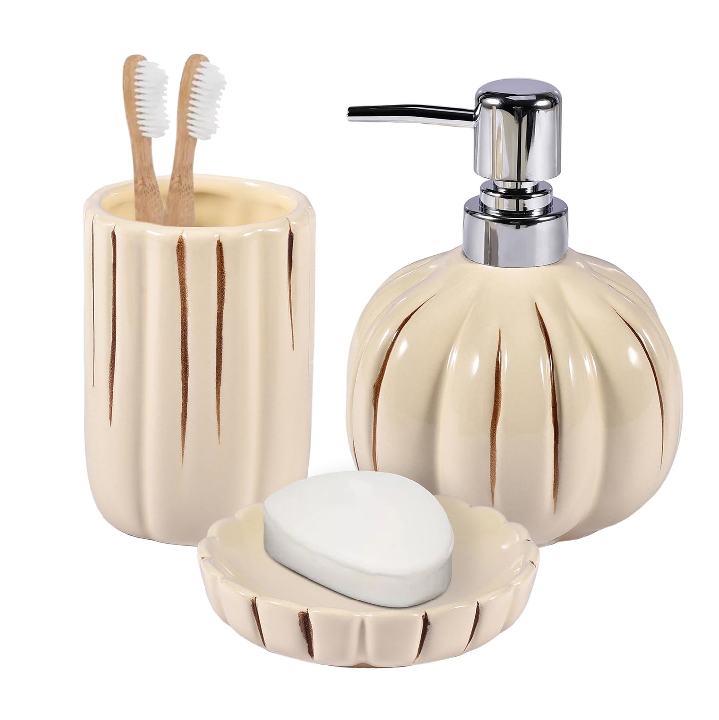 Fall Bathroom Accessory Set of 3, Harvest Pumpkin Bathroom Decor, Ceramic Bathroom Accessories Complete -Toothbrush Holders, Soap Dispenser