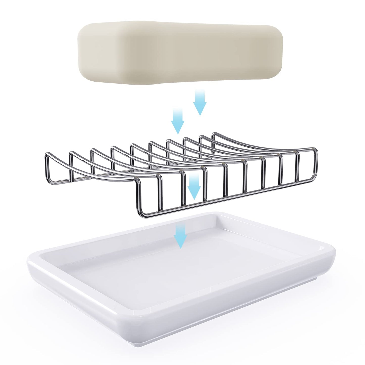 Linkidea Ceramic Soap Dish with Removable Stainless Steel Wire Rack, Double-Layer Bar Soap and Sponge Holder with Drip Tray for Bathroom Sink and