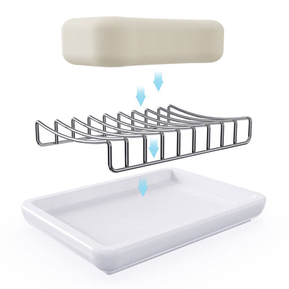 Linkidea Ceramic Soap Dish with Removable Stainless Steel Wire Rack, Double-Layer Bar Soap and Sponge Holder with Drip Tray for Bathroom Sink and