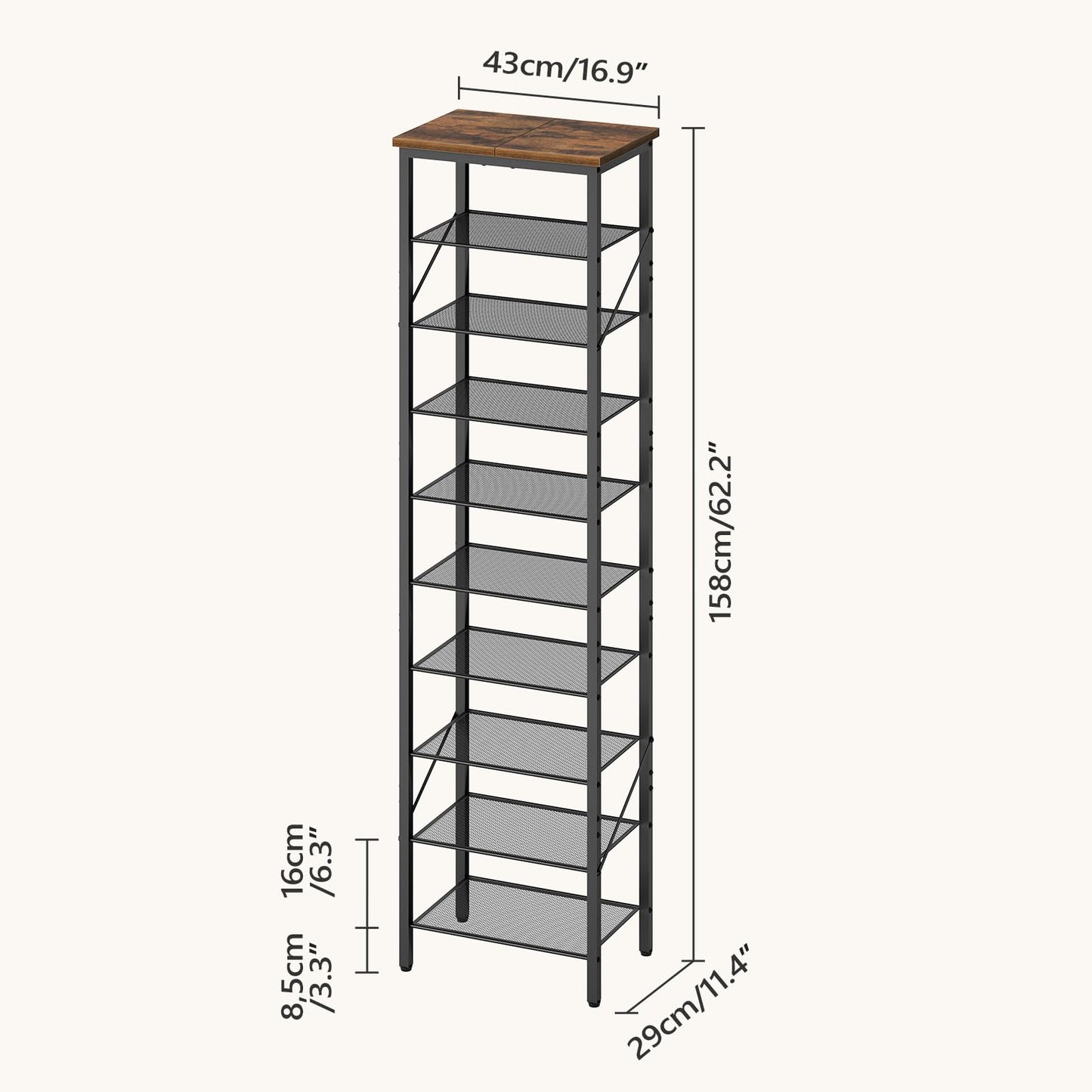MAHANCRIS 10-Tier Narrow Shoe Rack, Vertical Shoe Storage Organizer, for 12-24 Pairs, Shoe Shelf with Metal Frame, for Hallway, Entryway, Living Room