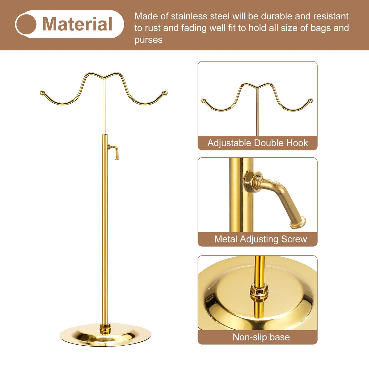 sourcing map Purse Display Stand Set 2 Pack Adjustable Tabletop Double Hook Handbag Rack Metal Bag Holder for Retail Boutique Store - Gold