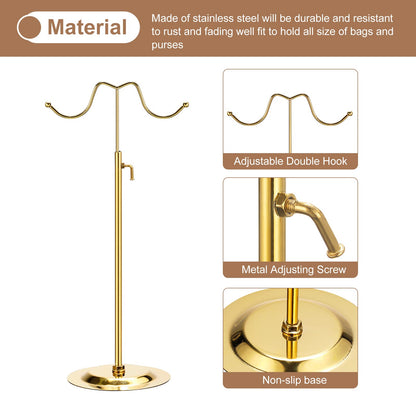 sourcing map Purse Display Stand Set 2 Pack Adjustable Tabletop Double Hook Handbag Rack Metal Bag Holder for Retail Boutique Store - Gold