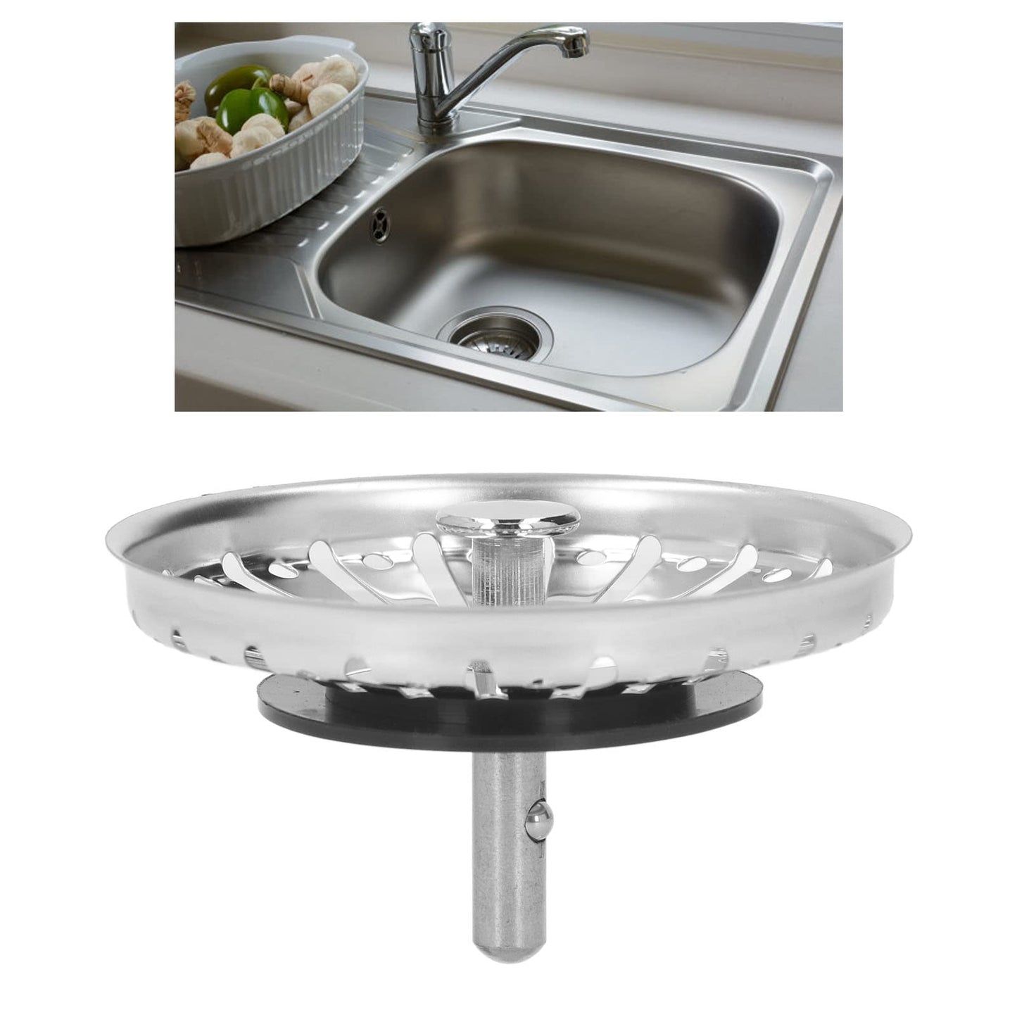 Sink Drain Basket Kitchen Sink Strainer Basket Stainless Steel Sink Stopper Plug Replacement Anti Clogging Extra Deep Cup 1.3in Rod Drainstrainer