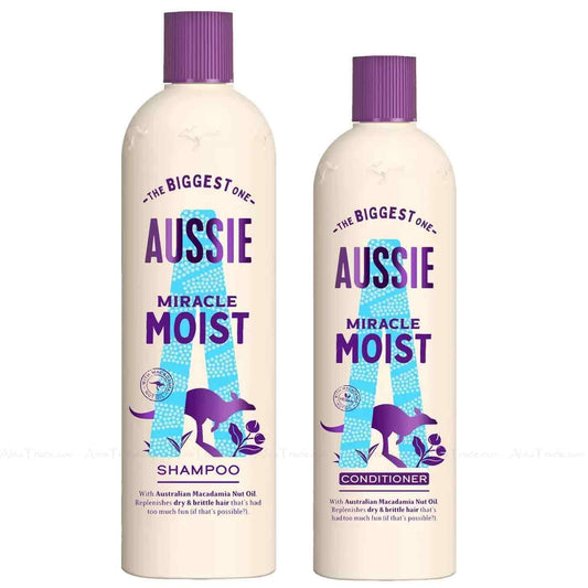 Aussie Miracle Moist XL Shampoo and Hair Conditioner Set for dry, really thirsty hair with Macadamia nut oil, a 750 ml Aussie Moist Shampoo and a 500