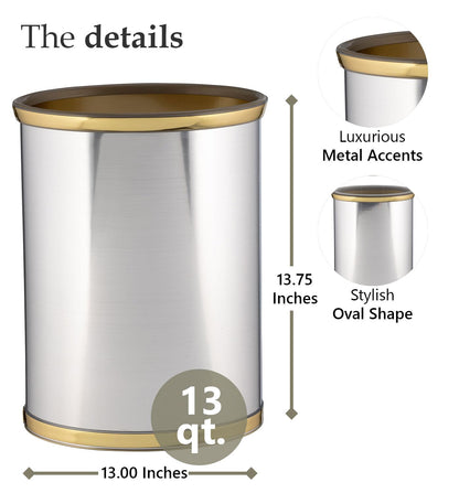 Kraftware Mylar Brushed Chrome/Brass 13-Inch Oval Waste Basket with 3/4-Inch Brushed Brass and Gold Bumper