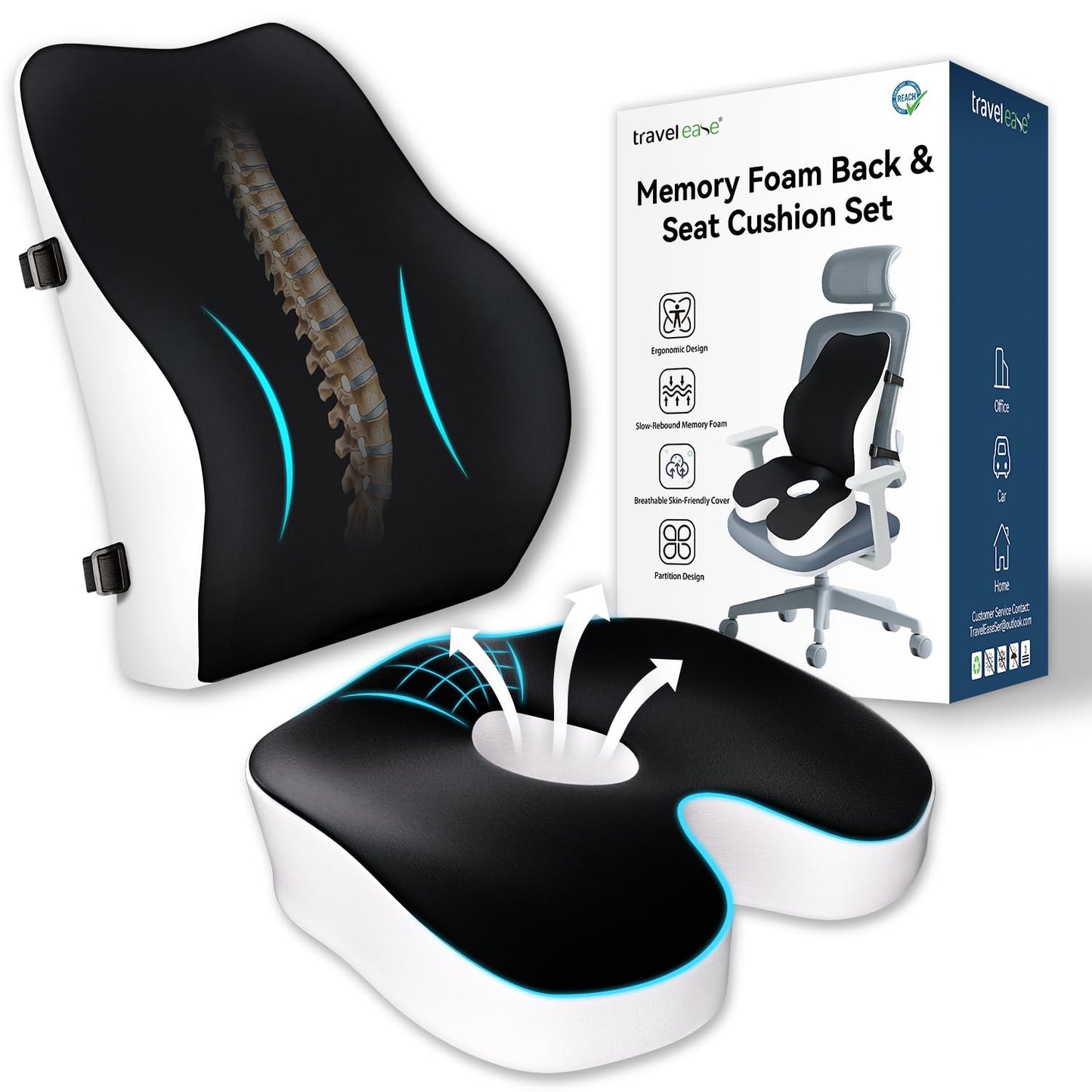 Travel Ease Memory Foam Seat Cushion & Lumbar Support Pillow Set, Ergonomic Comfort for Office Chair, Car Seat, Home Use & Travel