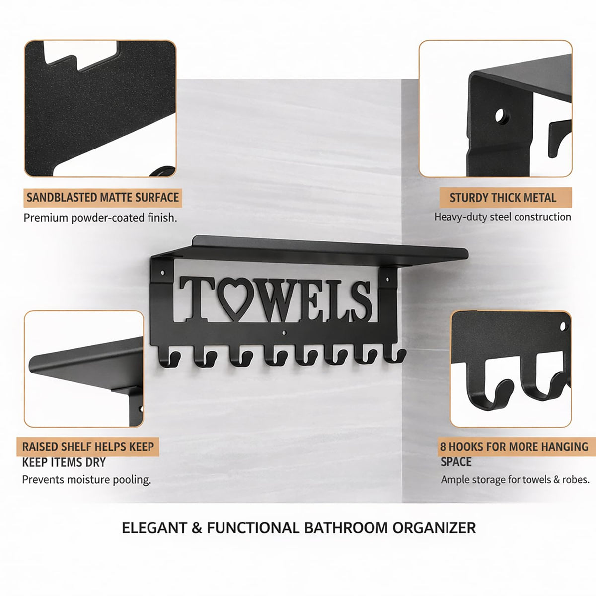 Raoletin Metal Hot Tub Towel Rack Wall Mounted Towel Holder with Shelf and 8 Towels Hooks for Bathrooms