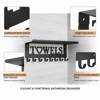 Raoletin Metal Hot Tub Towel Rack Wall Mounted Towel Holder with Shelf and 8 Towels Hooks for Bathrooms
