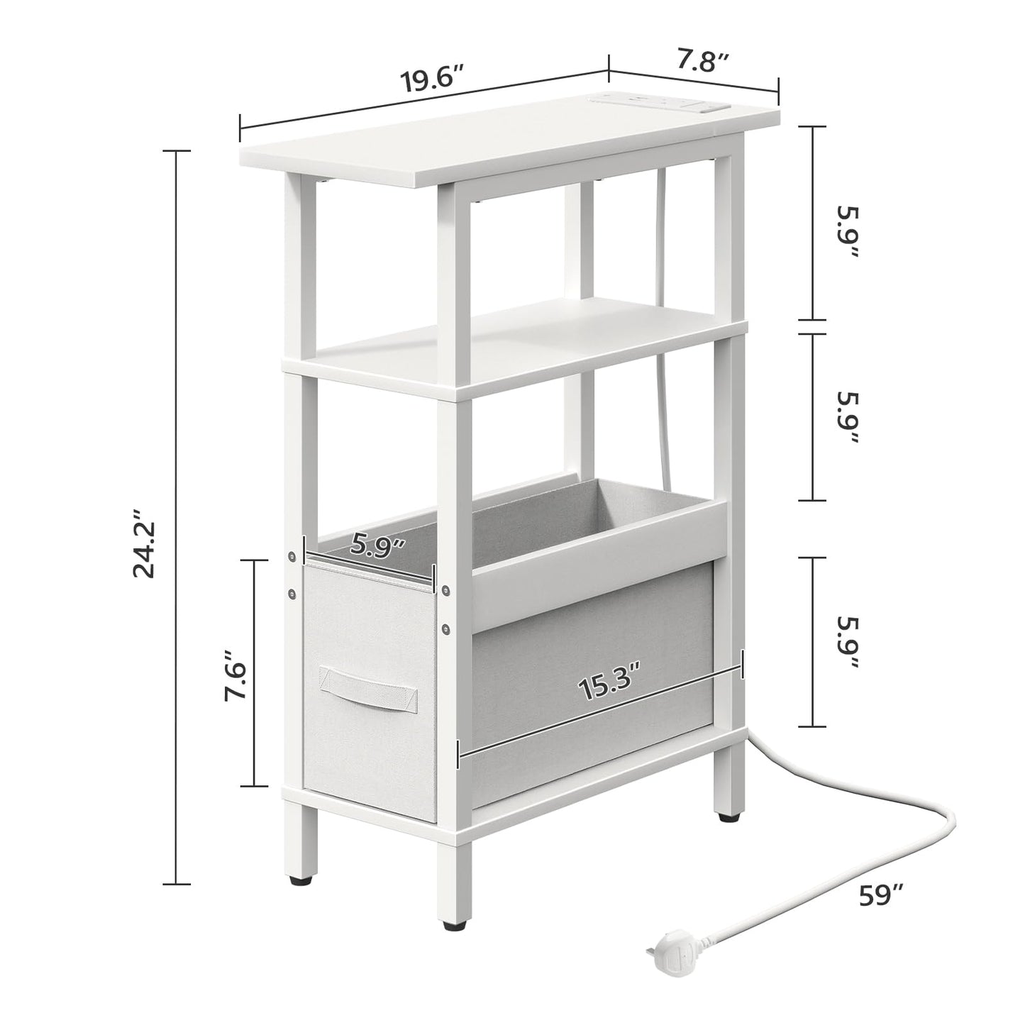 MAHANCRIS Narrow Side Table with Charging Station, 3 Tier Small End Table for Small Spaces, Slim Side Shelf with Storage, for Living Room, Bedroom