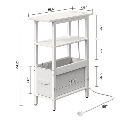 MAHANCRIS Narrow Side Table with Charging Station, 3 Tier Small End Table for Small Spaces, Slim Side Shelf with Storage, for Living Room, Bedroom