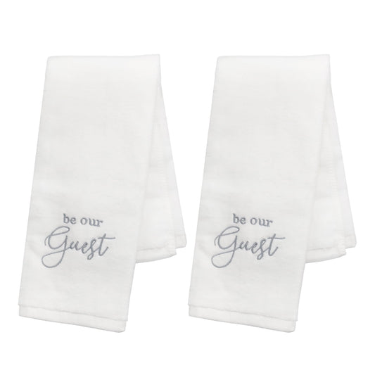 AuldHome Design Guest Towels (Set of 2, White w/Gray); Be Our Guest Monogrammed Hand Towels
