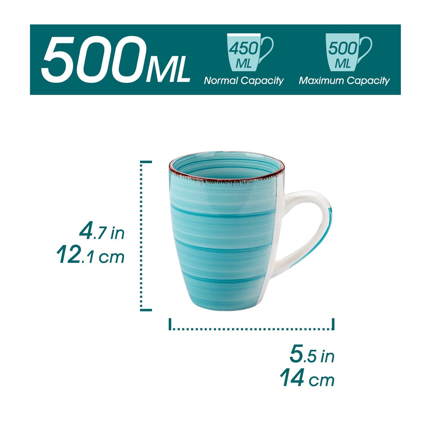 vancasso Bonita Large Mugs Set of 6, 500ml Stoneware Coffee Cup and Mug, Microwave & Dishwasher Safe Tea Cups, Mugs for Hot Drinks, Cool Color