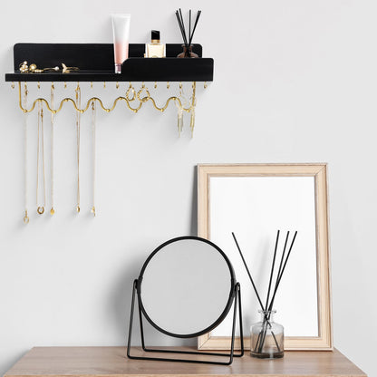 Lampaggio Hanging Jewelry Organizer with 29 Hooks and Cosmetics Shelf, Modern Wood Wall Mounted Jewelry Holder for Necklaces, Bracelets