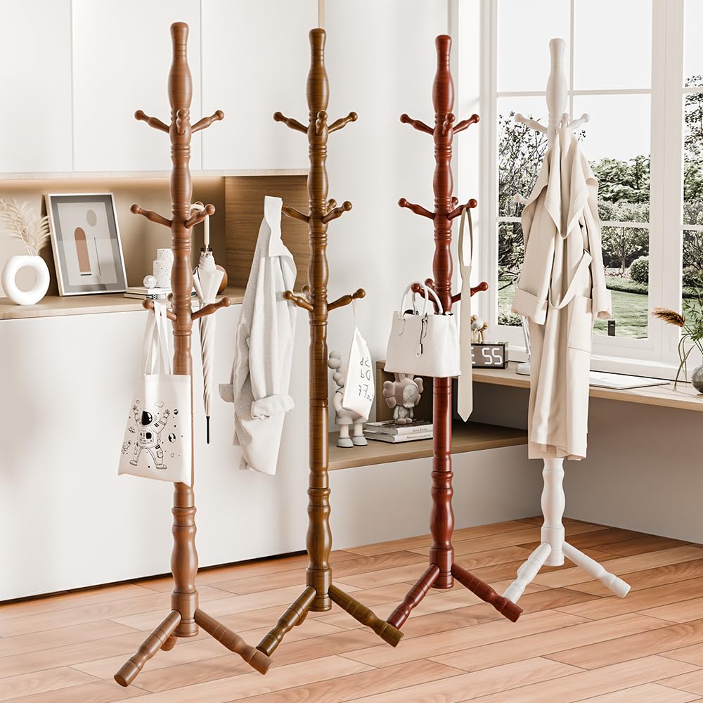 Multibao Sturdy Wooden Coat Rack Stand Vintage Posh Solid Wood 185cm with 9 Hooks Heavy Duty Free standing Hall Coat Hat Clothes Tree Stands for