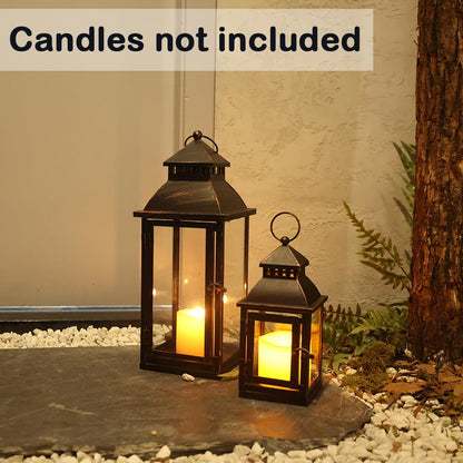 NEEDOMO Lanterns Decorative Outdoor&Indoor, Set of 2 (17"&10") Bronze Metal Lantern Decor with Glass, Candle Holder for Porch, Patio, Garden, Balcony,