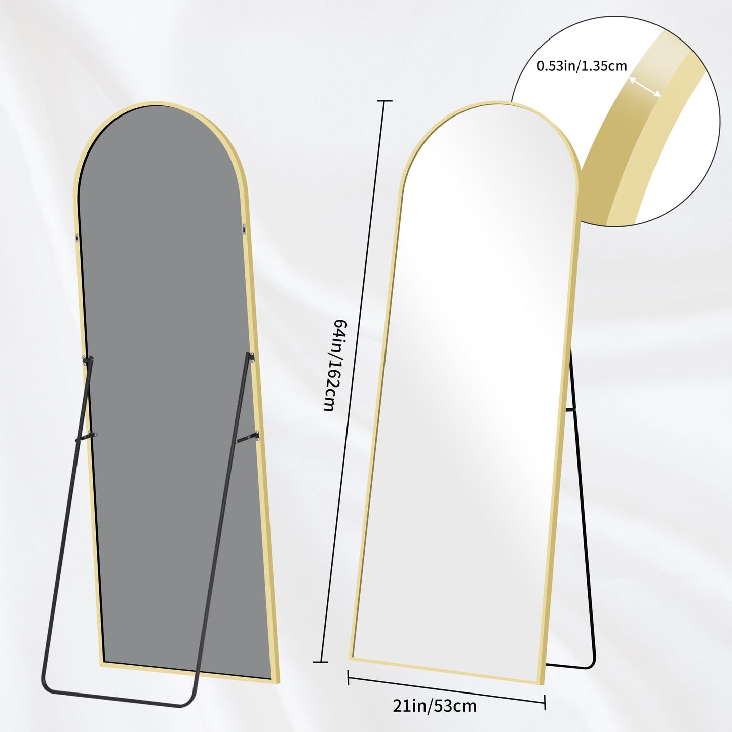 BONEWEI Arched Full Length Mirror, 161x52cm Full Body Free Standing Mirror Gold Aluminium Frame, Large Floor Mirror Standing Hanging or Leaning