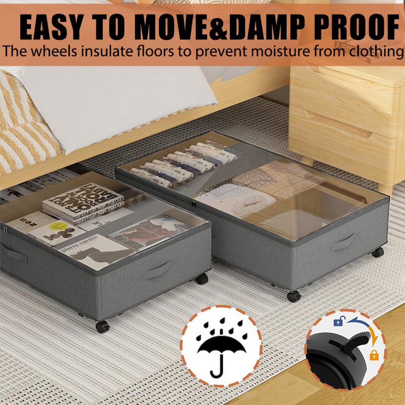 2 Pack Under Bed Storage Rolling Metal Frame Underbed Containers with Wheels Lid Visiable Window Storage Bag Box Organizer Home Closet Organization