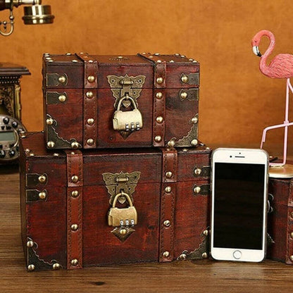 LIKEUDO Retro Jewelry Treasure Chest With Lock Vintage Wooden Trinket Storage Box (S (7.1x3.9x4.3in))
