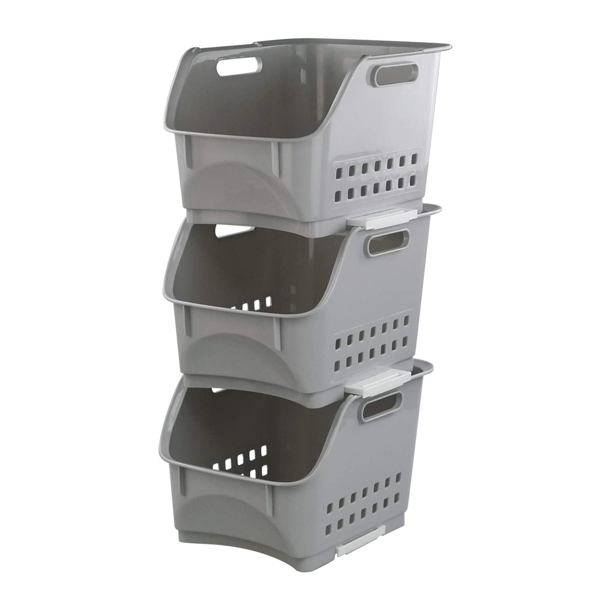 Xowine Set of 3 Plastic Stackable Storage Baskets, Gray Stacking Basket