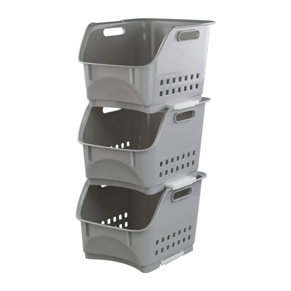 Xowine Set of 3 Plastic Stackable Storage Baskets, Gray Stacking Basket