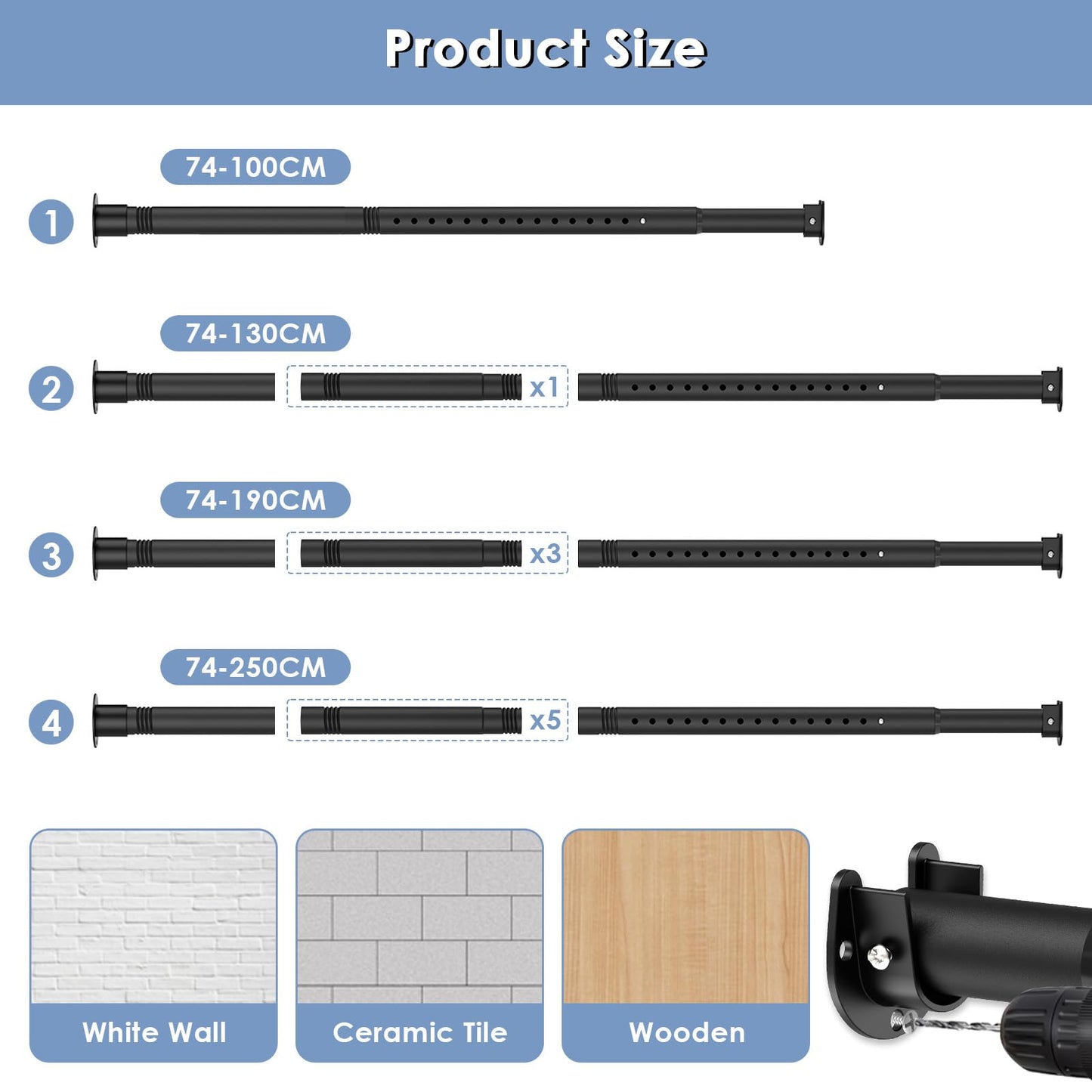 Wardrobe Rail, Black Extendable Wardrobe Rod 74-130cm, Heavy Duty Clothes Rail with End Sockets, Adjustable Hanging Rails for Clothes, Wardrobe