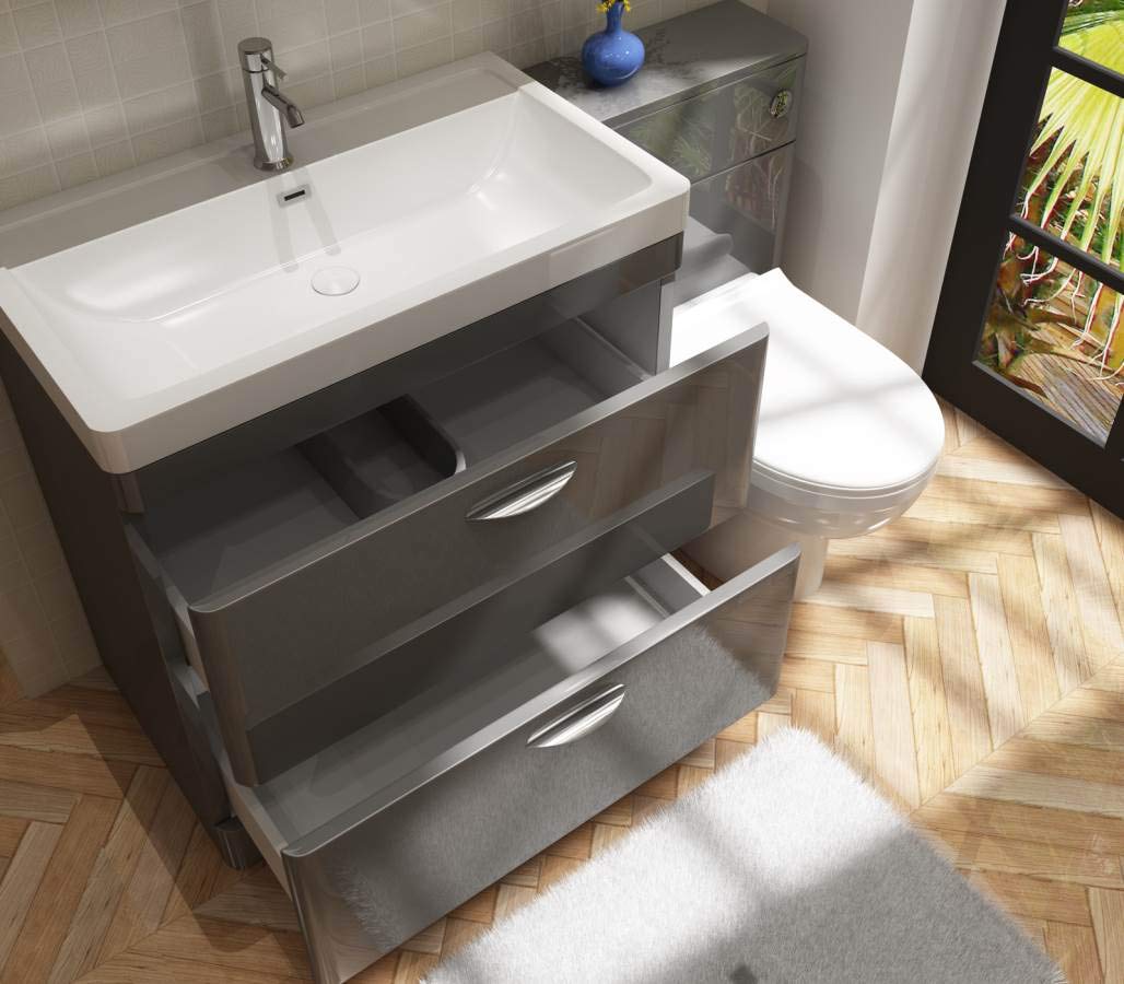 Cyrenne High Gloss Anthracite Grey Floor Standing Vanity Basin Storage Unit Cabinet & Polymarble Soft Edges Sink - 800mm