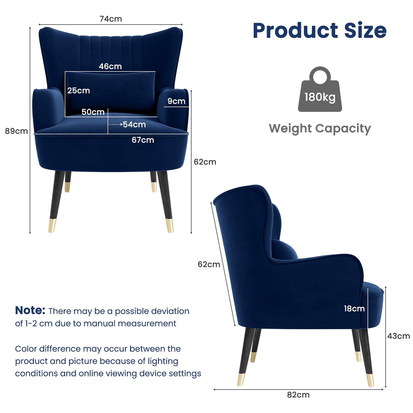 Vesgantti Velvet Accent Chair with Lumbar Pillow, Wing Back Large Armchair