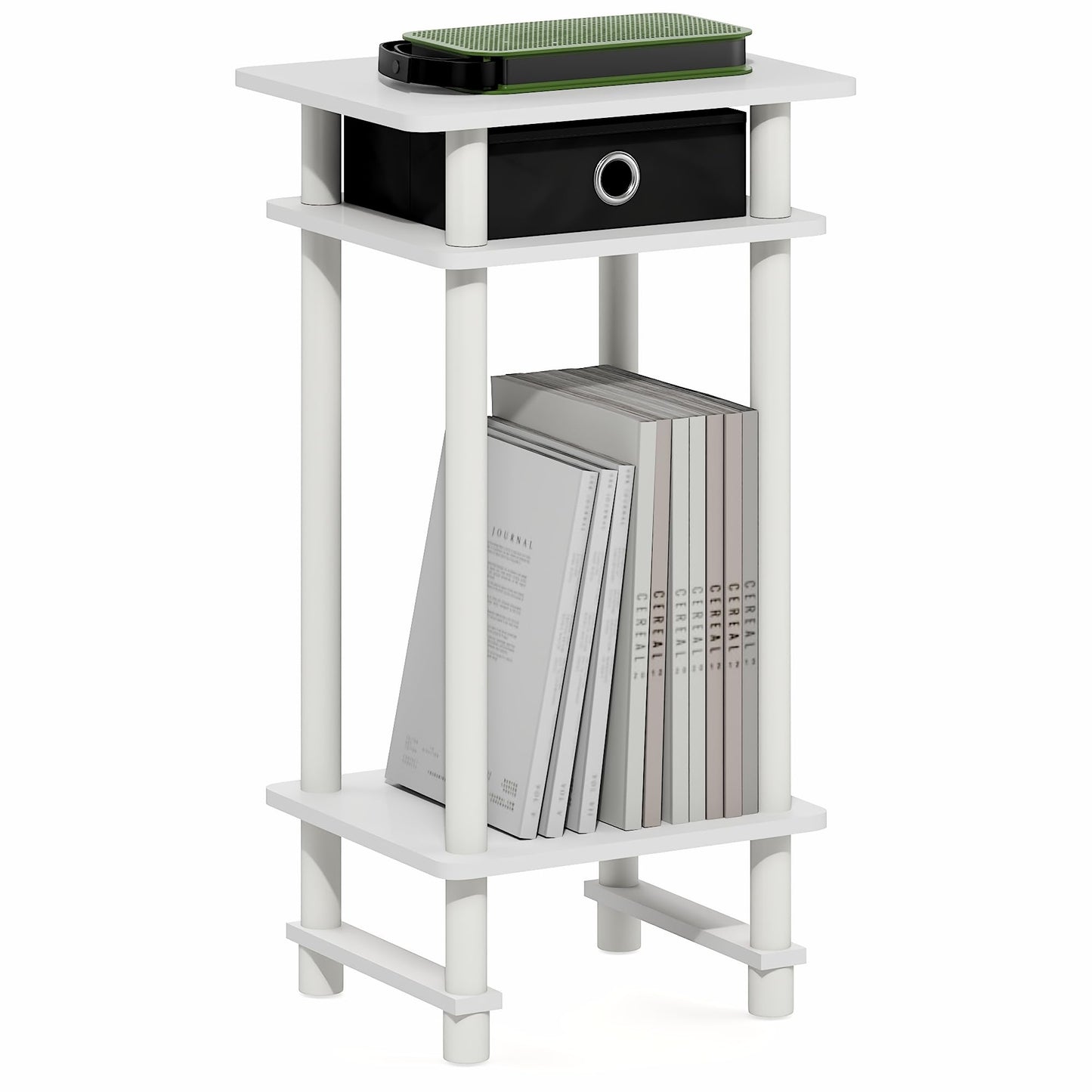 Furinno TURN-N-TUBE Side Table, 3-Tier Tall Narrow Modern End Table with Storage Bin, Open Shelf Night Stand, Bedside Table, Toolless Assembly