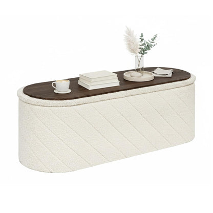 Bonlife Oval Ottoman with Storage Bench, Folding Foot Rest with Lid, Boucle End of Bed Bench,Foostool for Living